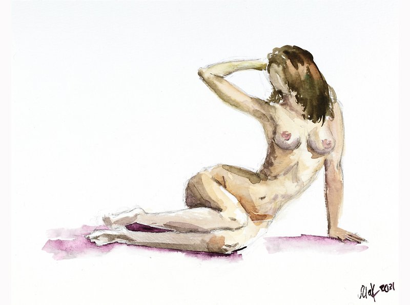 Woman Boobs Painting Nude Female Figure Watercolor Erotic Original Art Sexy Girl - โปสเตอร์ - กระดาษ สีนำ้ตาล