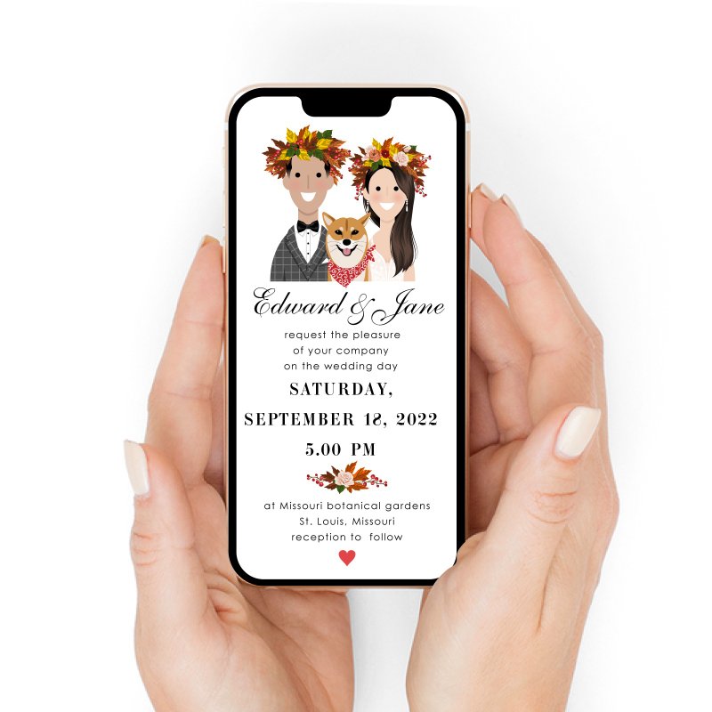 Autumn cute portrait wedding invitations. Cute bride and groom portrait invite. - 電子喜帖/賀卡/邀請函 - 其他材質 