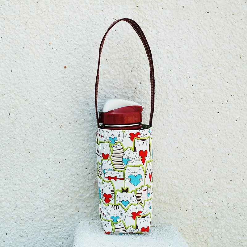 Love cat water bottle bag - ถุงใส่กระติกนำ้ - ผ้าฝ้าย/ผ้าลินิน สีแดง