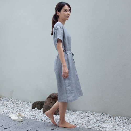 禅のスタイル 先染め亜麻 Vネックワンピース D200505 - ショップ