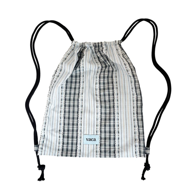 FRINGE CHECK GYM SACK BAG (SKY) - 束口袋/束口背包/水桶包 - 棉．麻 藍色