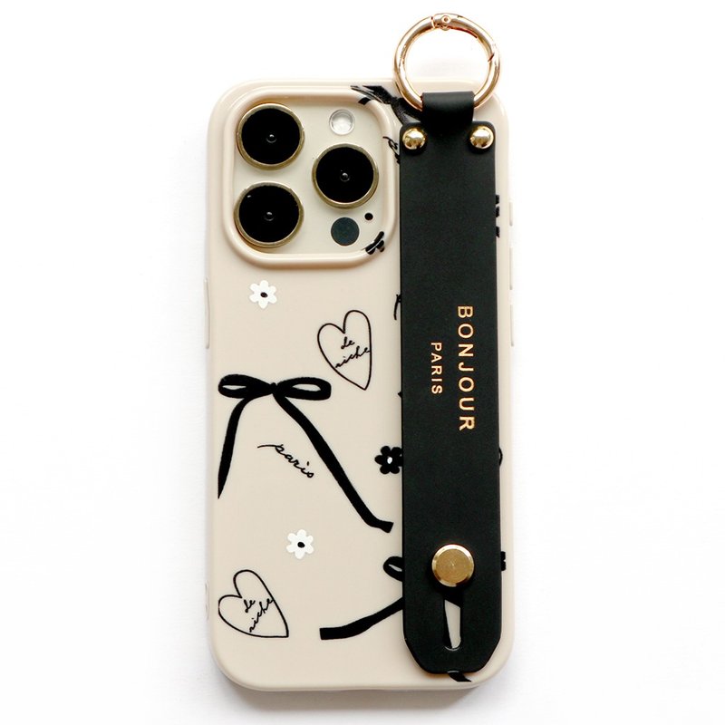 iPhone16/15/14/13/12 French beige black bow strap mobile phone case - เคส/ซองมือถือ - พลาสติก สีกากี