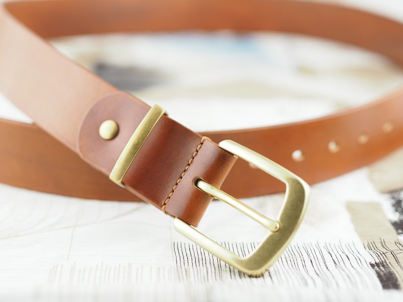 Italian vegetable tanned leather belt 40mm brown hand-stitched - เข็มขัด - หนังแท้ สีนำ้ตาล