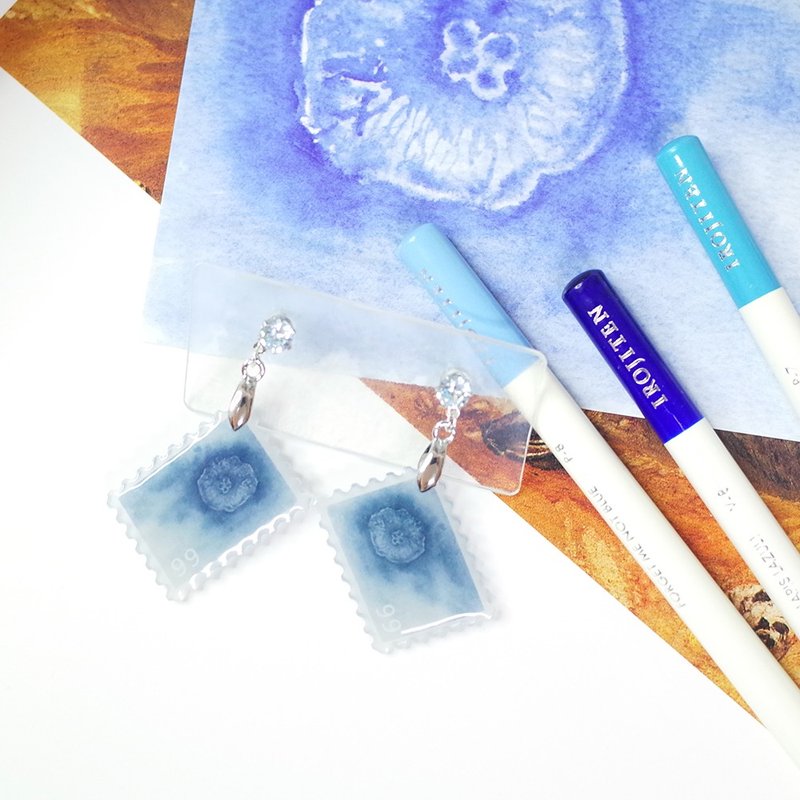 Original scenic blue sea jellyfish stamp style mini painting earrings/ Clip-On - Earrings & Clip-ons - Waterproof Material Blue