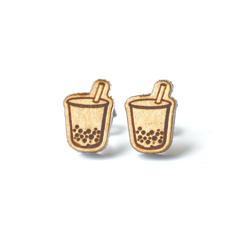 Plain wood earrings-Bubble tea - Earrings & Clip-ons - Wood Brown