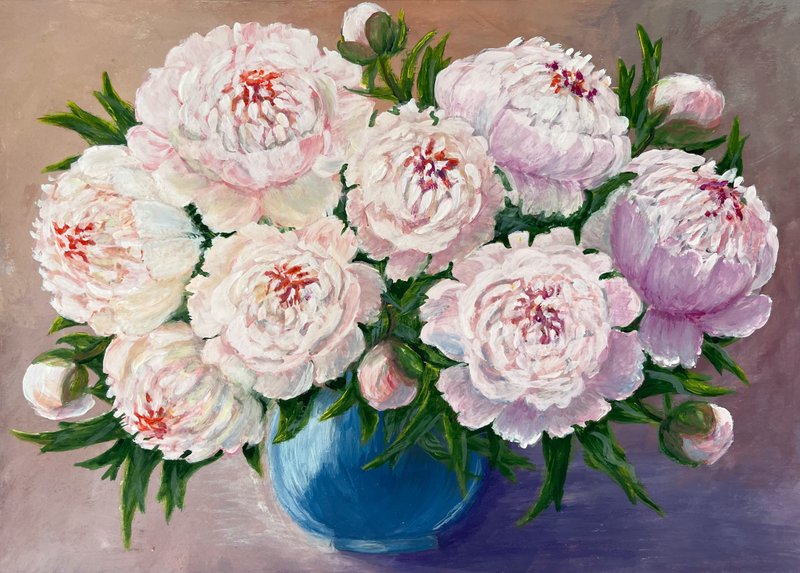 White peonies in a blue vase. Painting Gouache. - 壁貼/牆壁裝飾 - 紙 