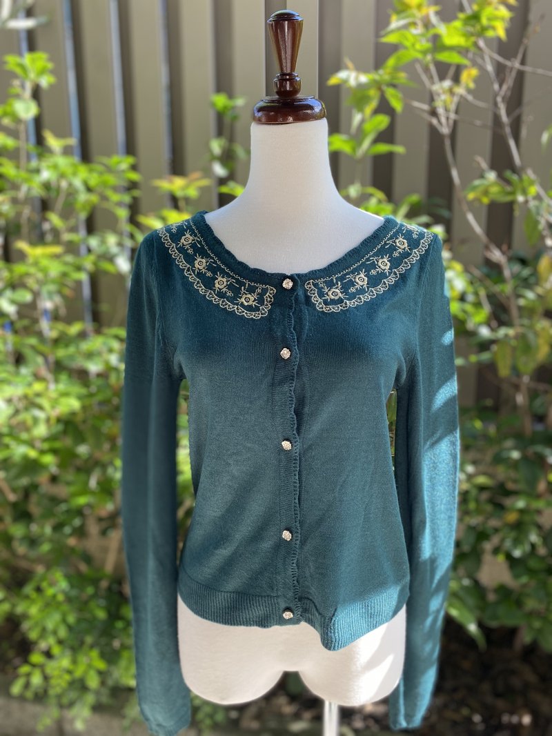 藍綠刺繡古著針織外衣 - 女毛衣/針織衫 - 聚酯纖維 綠色