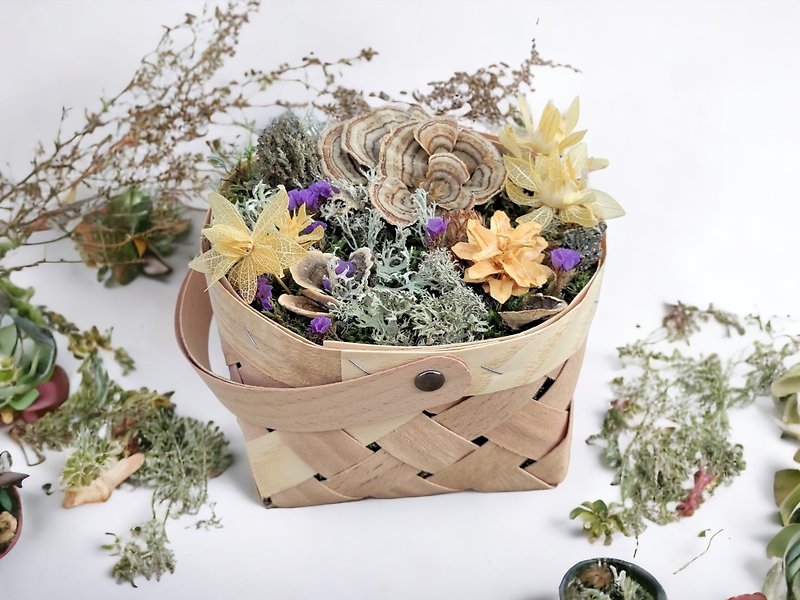 Wicker basket with mushrooms, moss, lichens, cones and flowers - 乾花/永生花 - 環保材質 卡其色