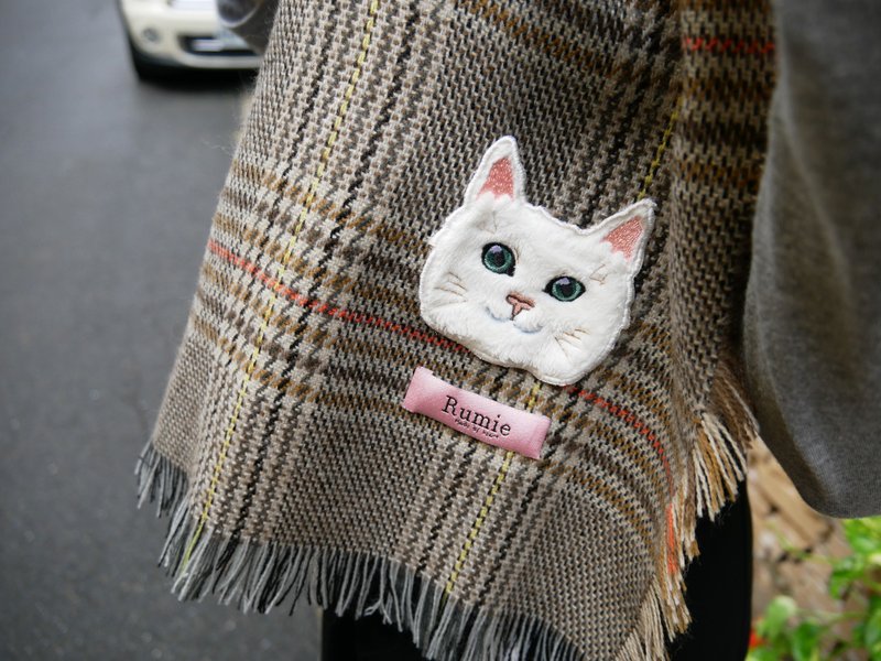 格紋 貓咪 刺繡圍巾 - 絲巾 - 羊毛 