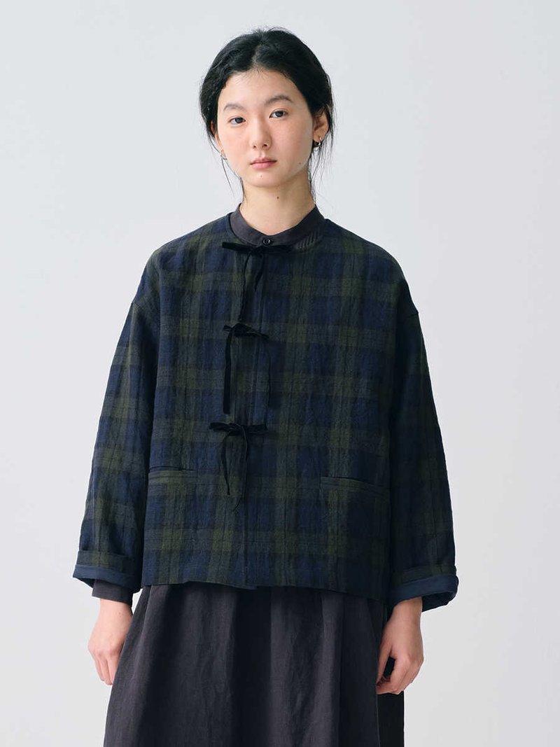 色織格子絲絨綁帶蝴蝶結春外套 - 女大衣/外套 - 棉．麻 多色