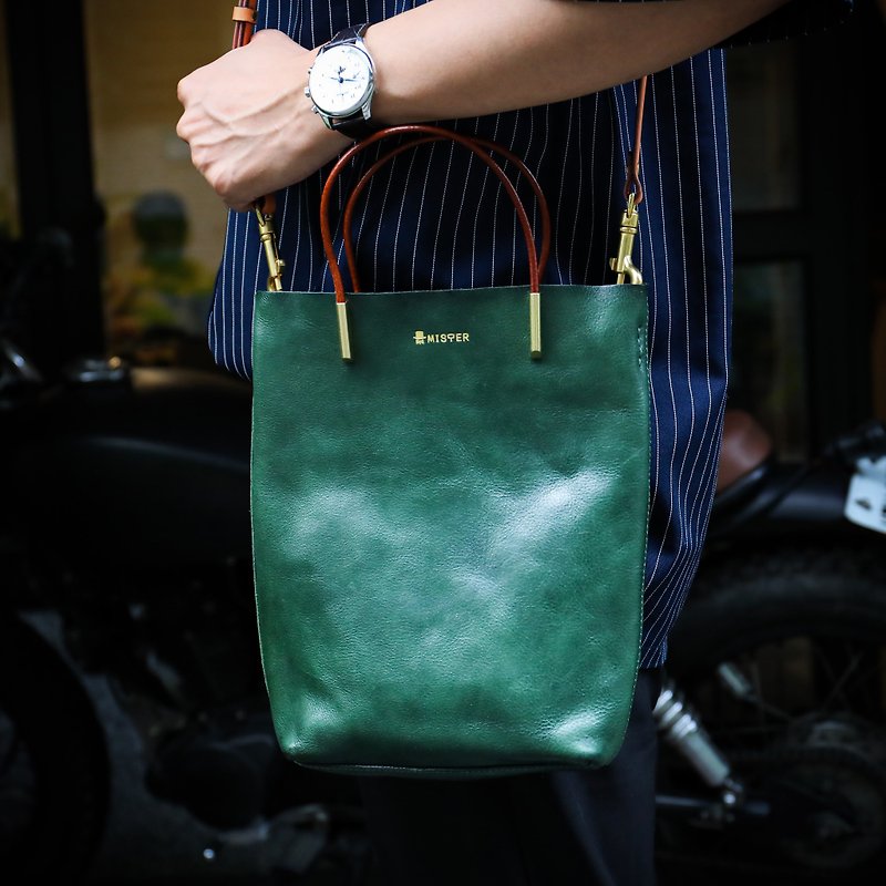 [Crossback Tote Bag/Handbag] Italian Vegetable Tanned Leather Custom Lettering Mister Handmade - Chokers - Genuine Leather Multicolor