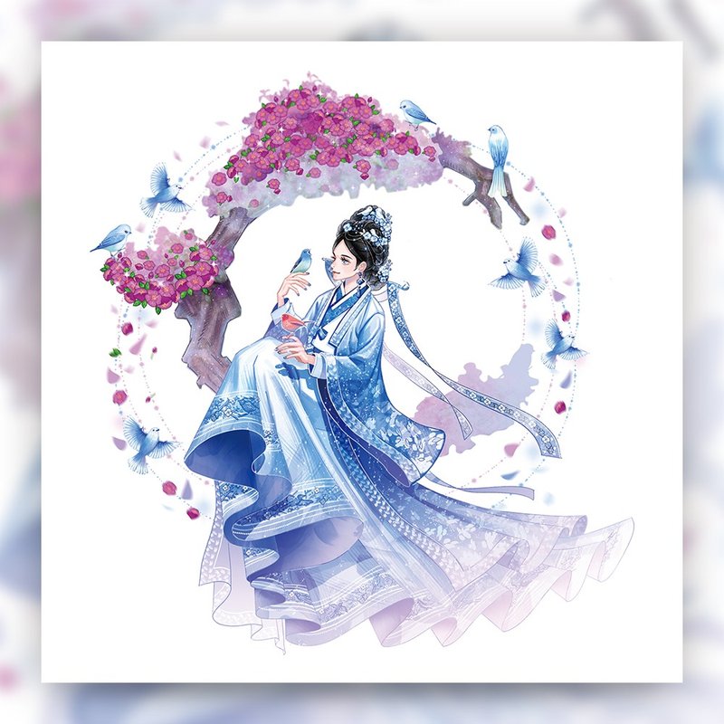 花鳥図 Flowers and Birds - girl Korean Hanbok illustrated postcard (uha) Bookmark - 卡片/明信片 - 紙 多色