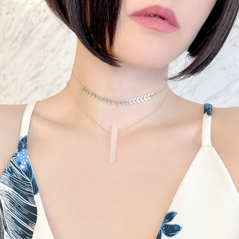 White / Leaf and Crystal Double Choker Necklace SV079WH - Necklaces - Other Metals Gold
