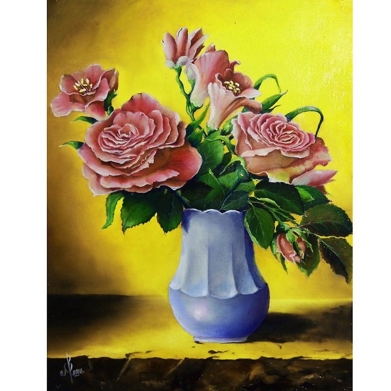 オリジナル油絵花瓶のピンクのバラのキャンバスの絵花の壁アート - ポスター・絵 - その他の素材 イエロー