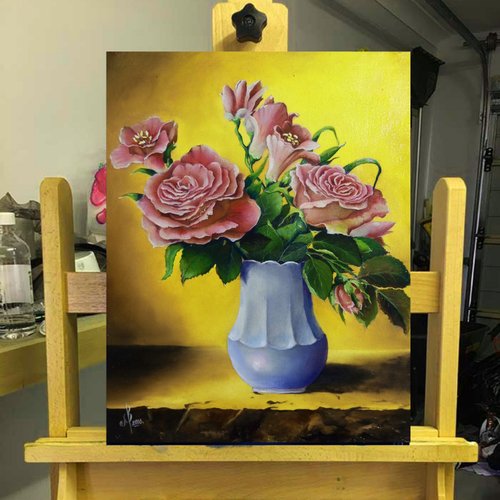 薔薇花瓶　油彩画 装飾フレーム付き 絵画 花(フラワー) バラの花束 インテリアアート額付き 水彩画