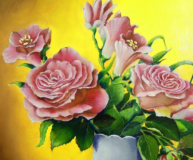 オリジナル油絵花瓶のピンクのバラのキャンバスの絵花の壁アート