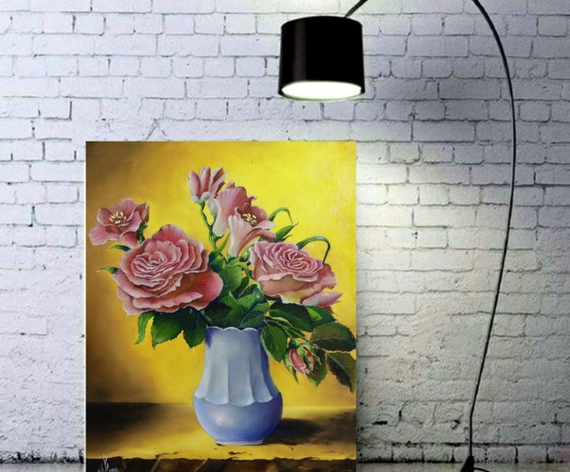 薔薇花瓶　油彩画 装飾フレーム付き オリジナル油絵花瓶のピンクのバラのキャンバスの絵花の壁アート