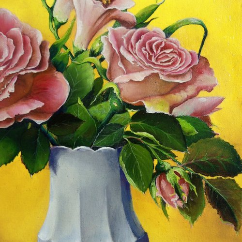 薔薇花瓶　油彩画 装飾フレーム付き 薔薇花瓶 油彩画 装飾フレーム付き