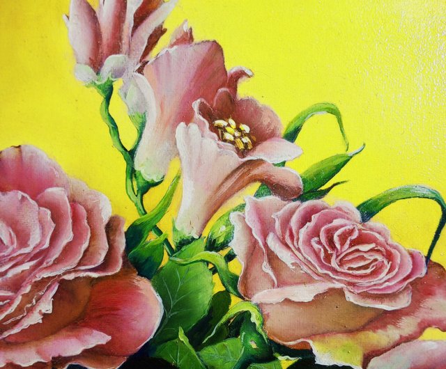 薔薇花瓶　油彩画 装飾フレーム付き オリジナル油絵花瓶のピンクのバラのキャンバスの絵花の壁アート