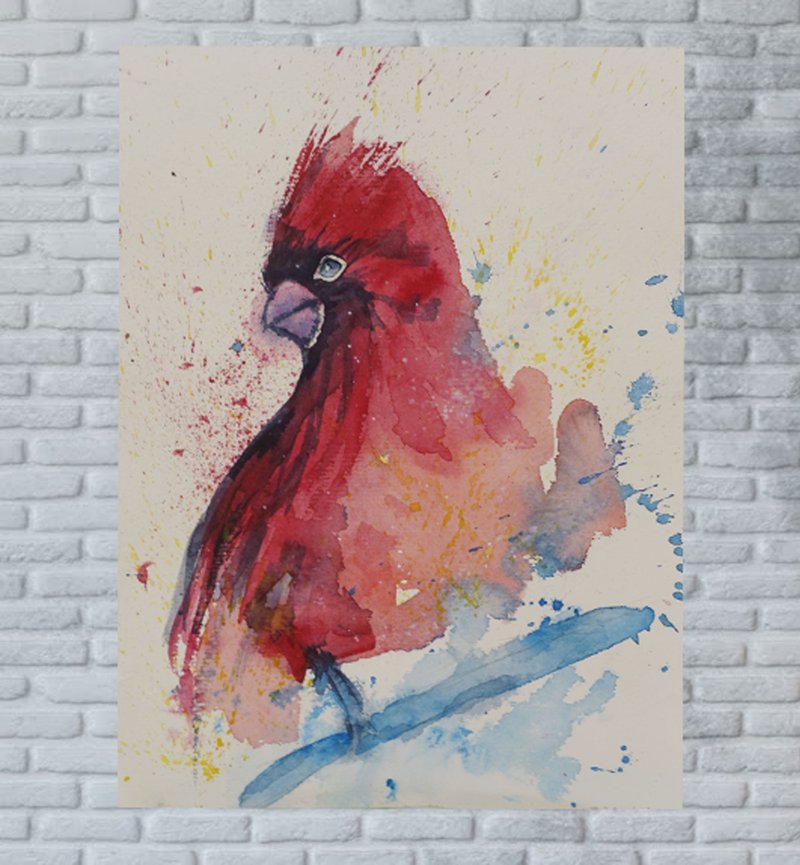 Red Cardinal Painting Bird Watercolor Cardinal Artwork Bird Artwork - 海報/掛畫/掛布 - 環保材質 紅色