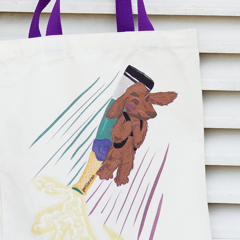 乘坐香檳火箭的小狗插畫 雙面插畫設計帆布袋 文青可愛臘腸犬袋 - 手袋/手提袋 - 棉．麻 白色