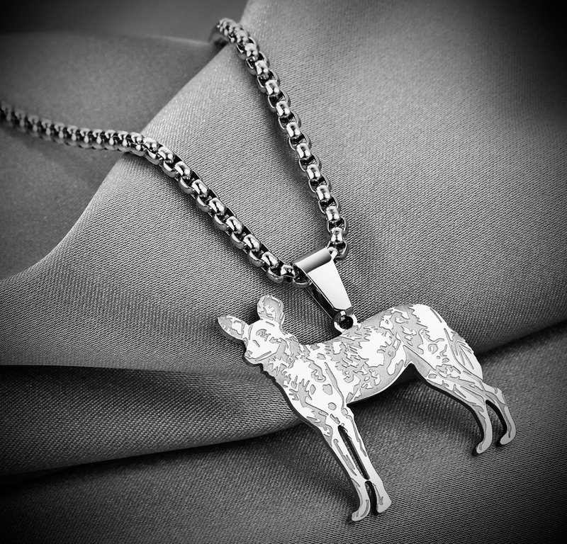 C&W titanium steel laser engraving art shepherd dog personality unisex necklace - Necklaces - Stainless Steel Silver