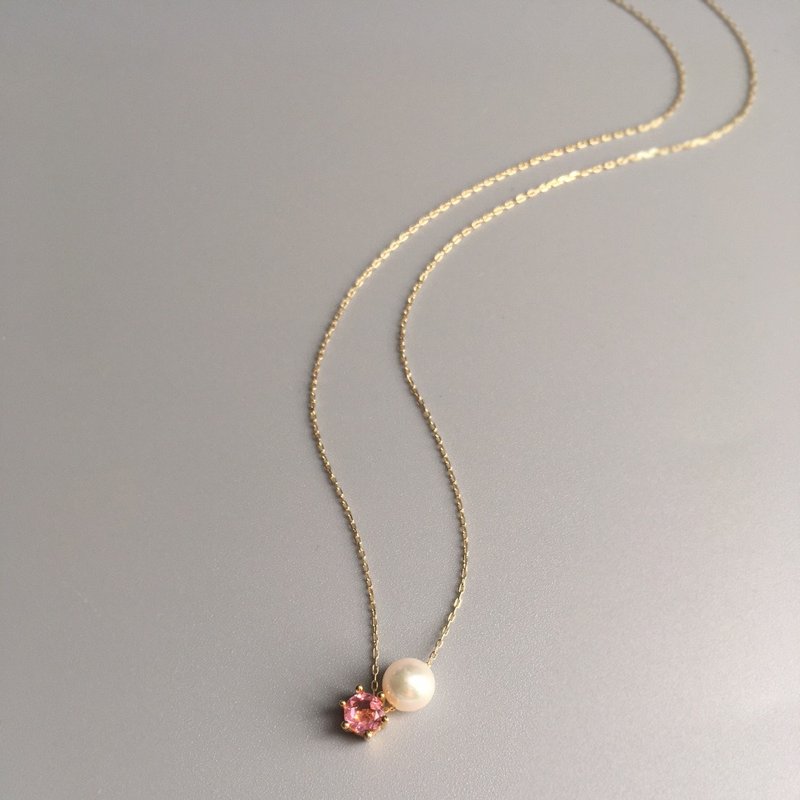 K10/K14gf Pink Tourmaline Necklace, Oct Birthstone, Akoya Pearl Necklace - สร้อยคอ - ไข่มุก สึชมพู