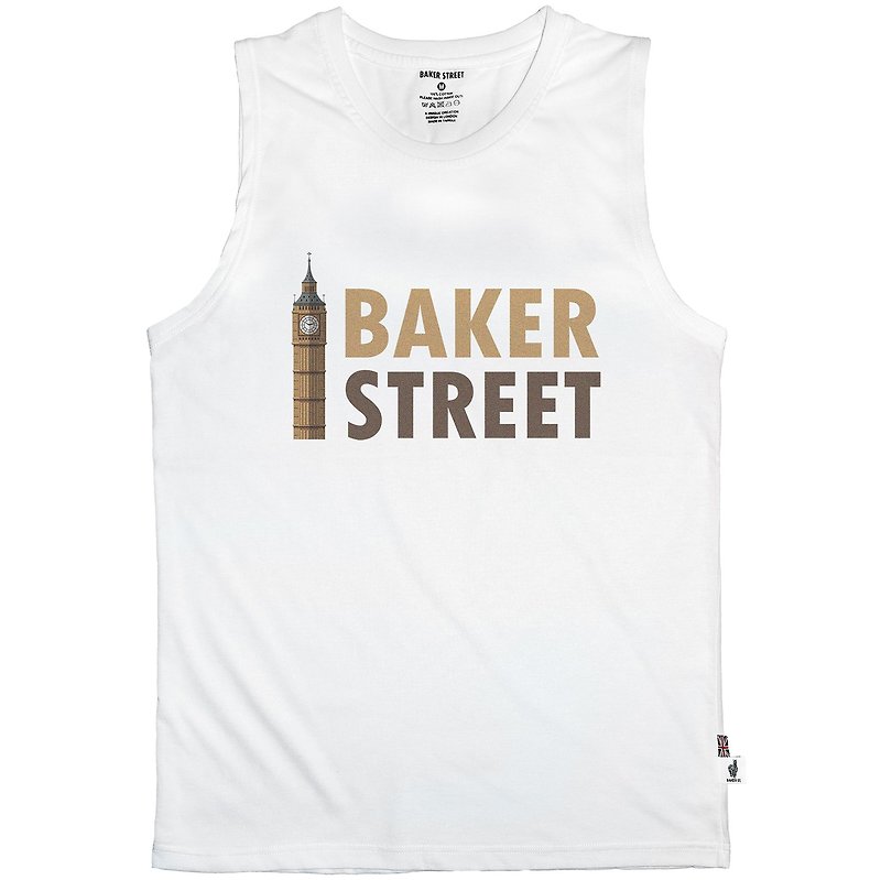 British Fashion Brand -Baker Street- Big Ben Printed Tank Top - เสื้อกั๊กผู้หญิง - ผ้าฝ้าย/ผ้าลินิน ขาว