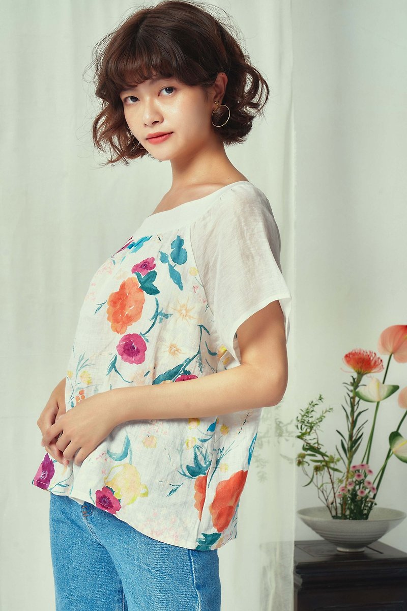Cotton Linen shirt - dream flowers - Women's Tops - Cotton & Hemp 