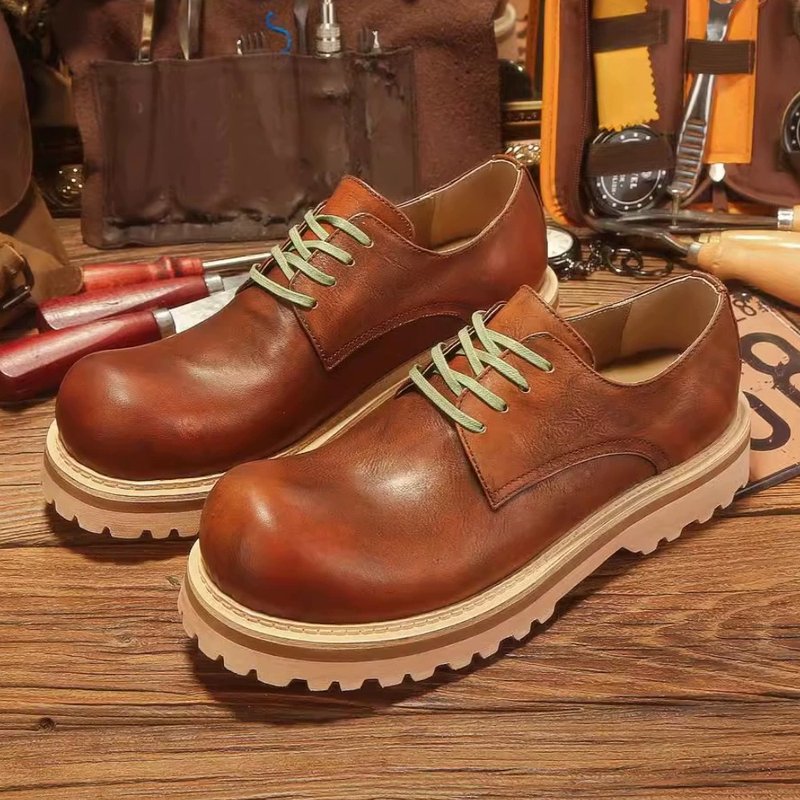 Handmade Genuine Leather Low Cut Martin Boots Workwear Shoes - รองเท้าหนังผู้ชาย - หนังแท้ สีนำ้ตาล