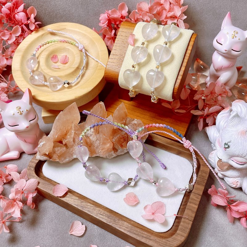 Heart-Shaped Rose Quartz Natural Crystal Woven Bracelet - Bracelets - Crystal Pink