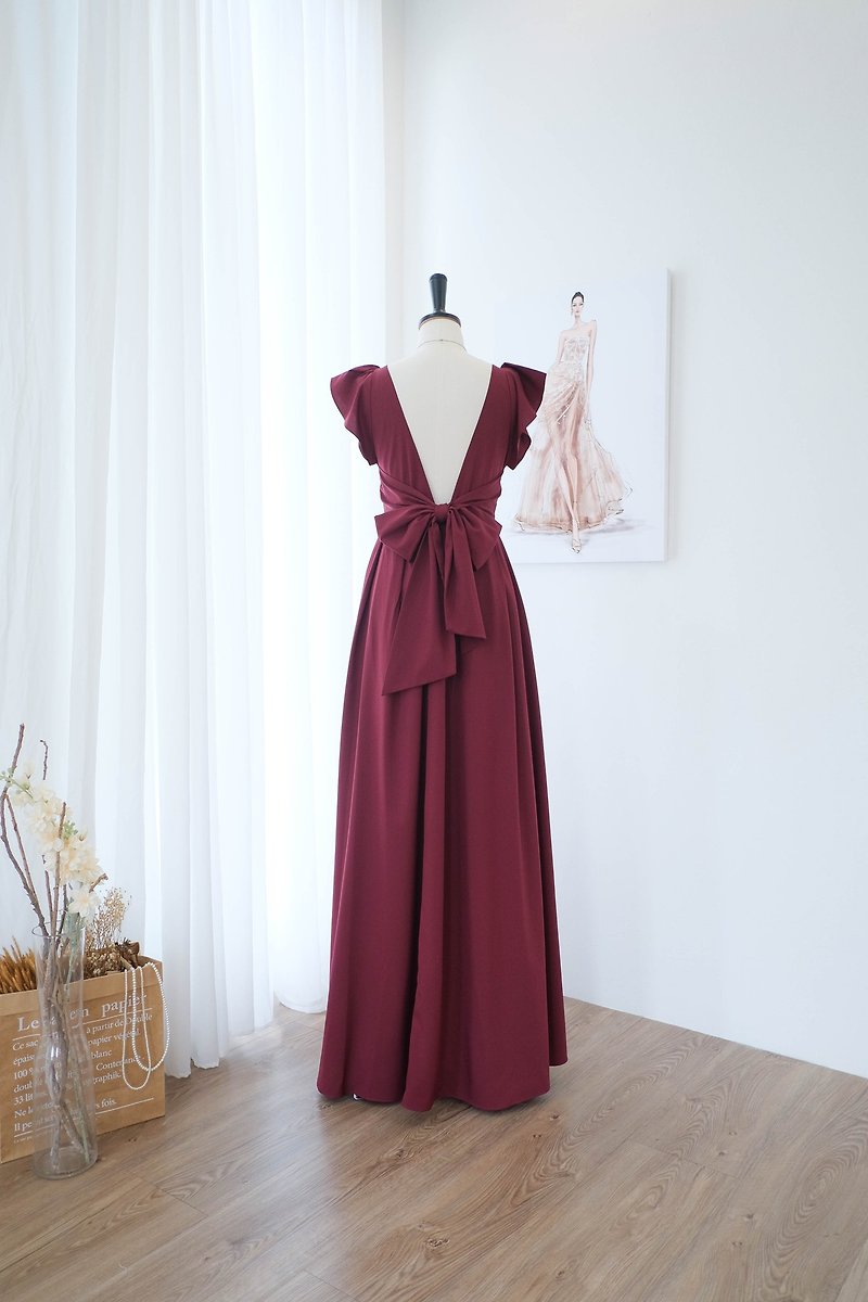 Vintage burgundy backless dress Bridesmaid maxi wedding dress - 連身裙 - 聚酯纖維 紅色