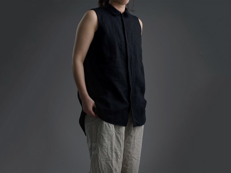 wafu - 亞麻 背心 Lightweight Linen Fly Front Tiny Collar Tank / Black p018a-bck1 - 女上衣/長袖上衣 - 亞麻 黑色