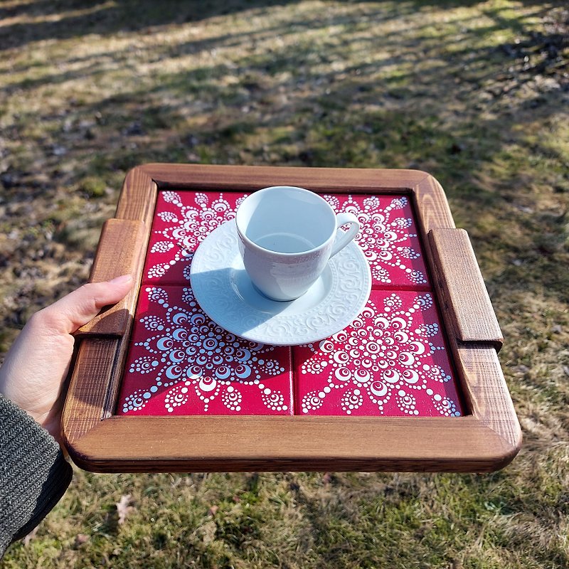 Wood coffee tray with handpainted wood tiles - ถาดเสิร์ฟ - ไม้ สีแดง