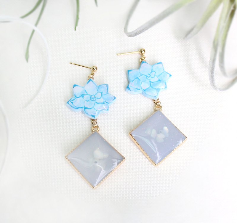 Butterfly succulent earrings / blue / lotus / flower / hand-painted - Earrings & Clip-ons - Clay Blue