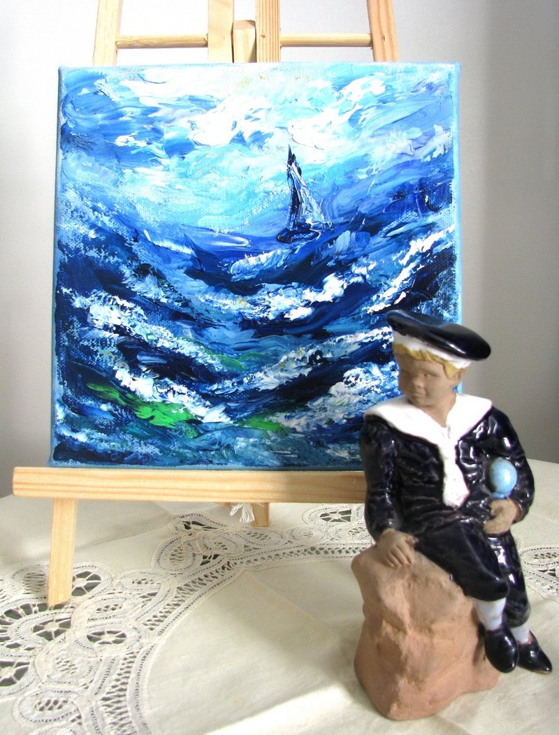Oil painting impasto small size Stormy sea with a sail boat home decoration - 壁貼/牆壁裝飾 - 其他材質 多色