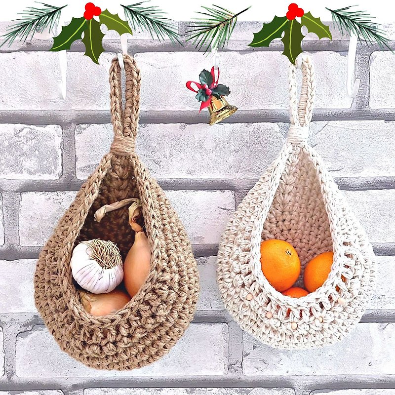 Christmas gift ideas Wall hanging baskets Cottagecore decor Mother's Day gift - ชั้นวาง/ตะกร้า - ผ้าฝ้าย/ผ้าลินิน สีกากี