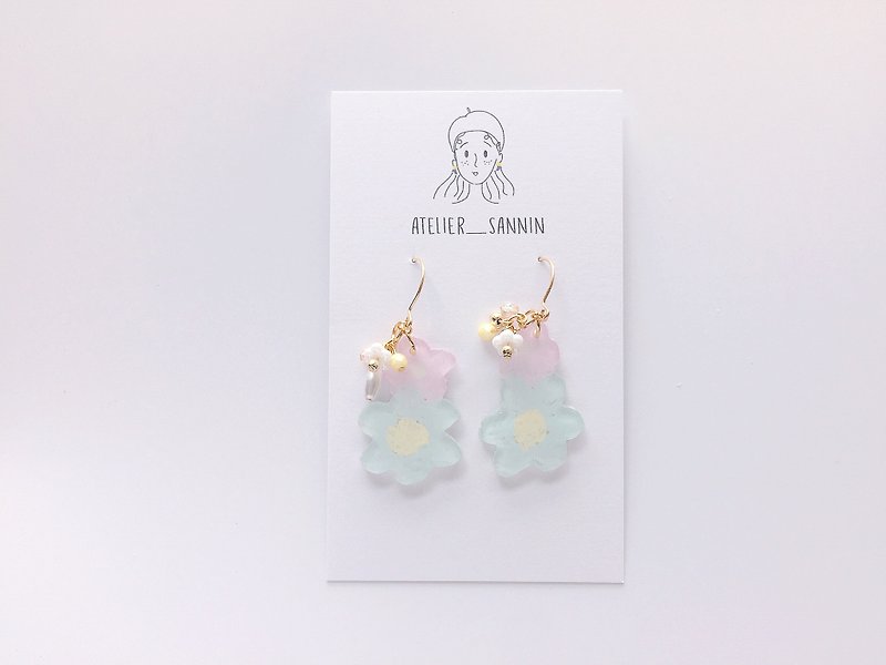 Flowers and birds series - Two-color flower hand-painted hand-made drop earrings (can change folder / silicone ear hook) - ต่างหู - วัสดุอื่นๆ สึชมพู