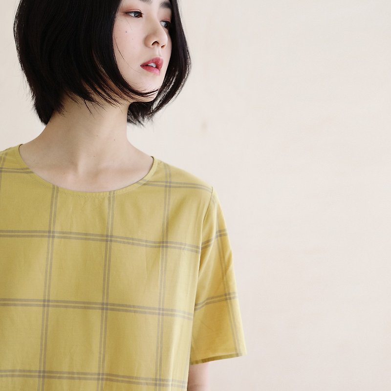 フィッシュテールスカートのガチョウの黄色の格子縞のドレスとして日本のシルクコットンの光を知る - ワンピース - コットン・麻 