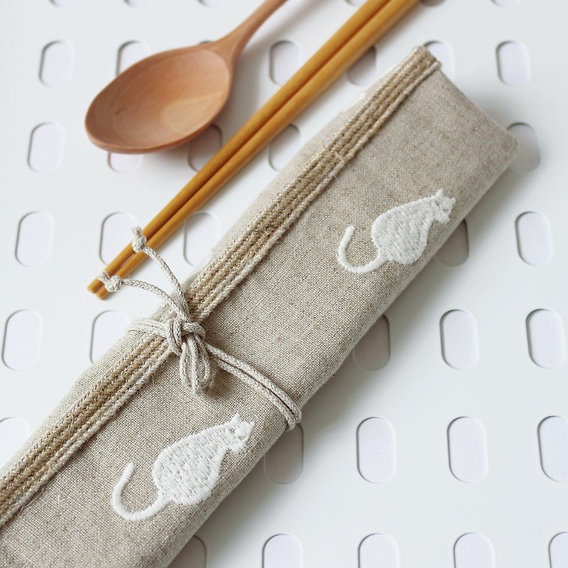 オールインワン食器布カバー日本の刺繡猫リネン布+防水裏地オプションの箸とスプーン - カトラリー - コットン・麻 多色