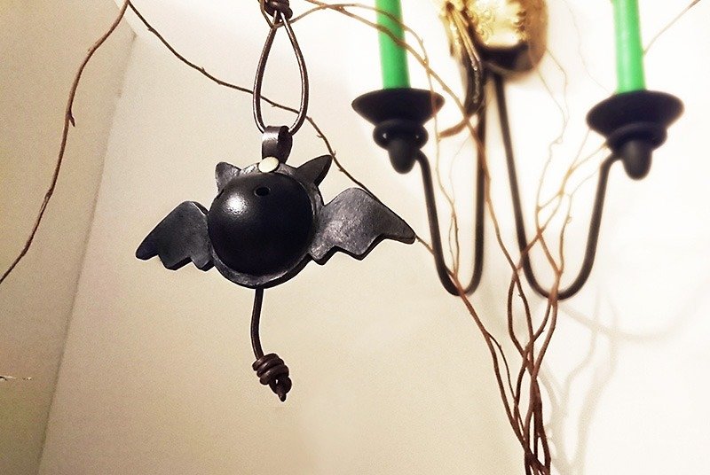 Little devil bat leather bell pendant - Collars & Leashes - Genuine Leather 
