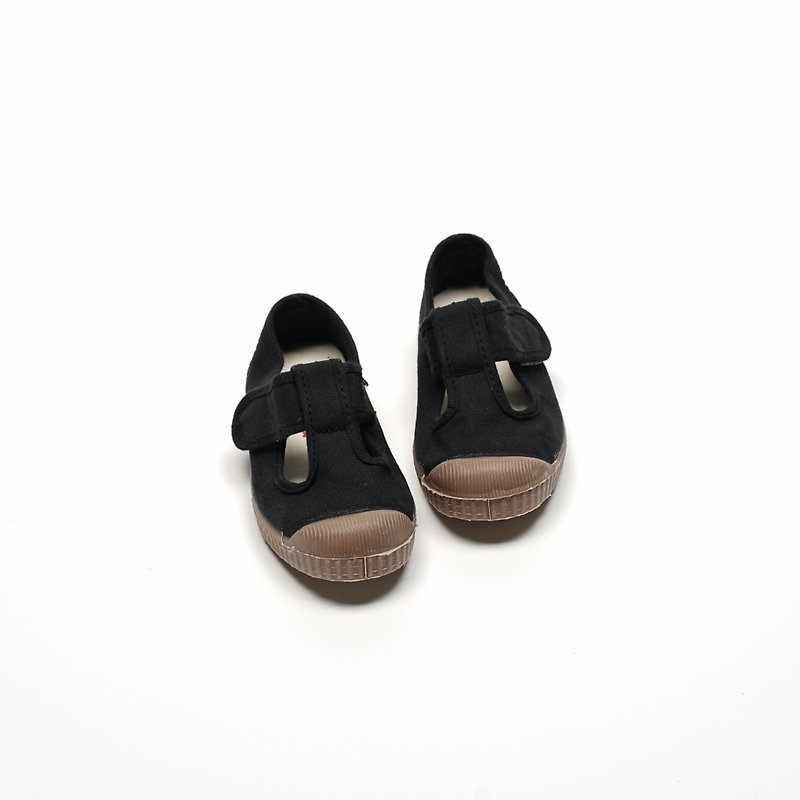 西班牙帆布鞋 CIENTA M77997 01 黑色 咖啡底 經典布料 T字款 - 童裝鞋 - 棉．麻 黑色