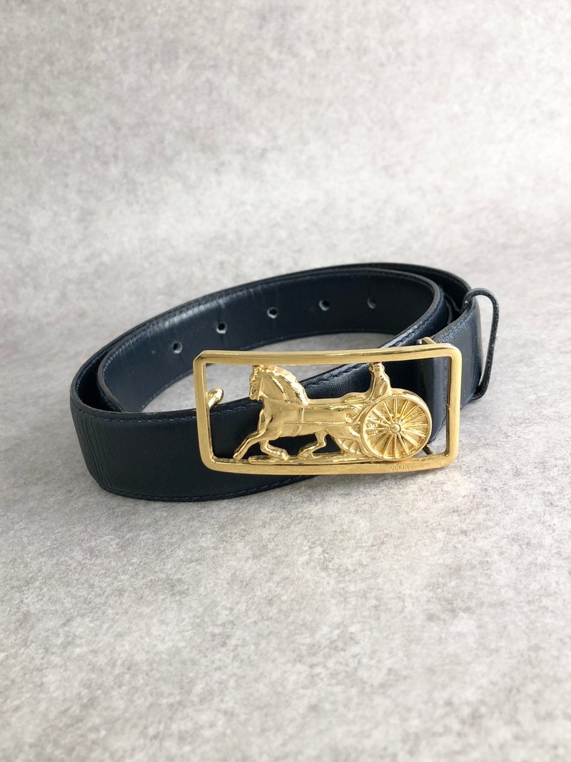 【 日本直送　名牌中古包 】CELINE セリーヌ ベルト ネイビー 馬車 ホースキャリッジ レザー vintage ヴィンテージ オールド dnd65j - 皮帶/腰帶 - 真皮 藍色
