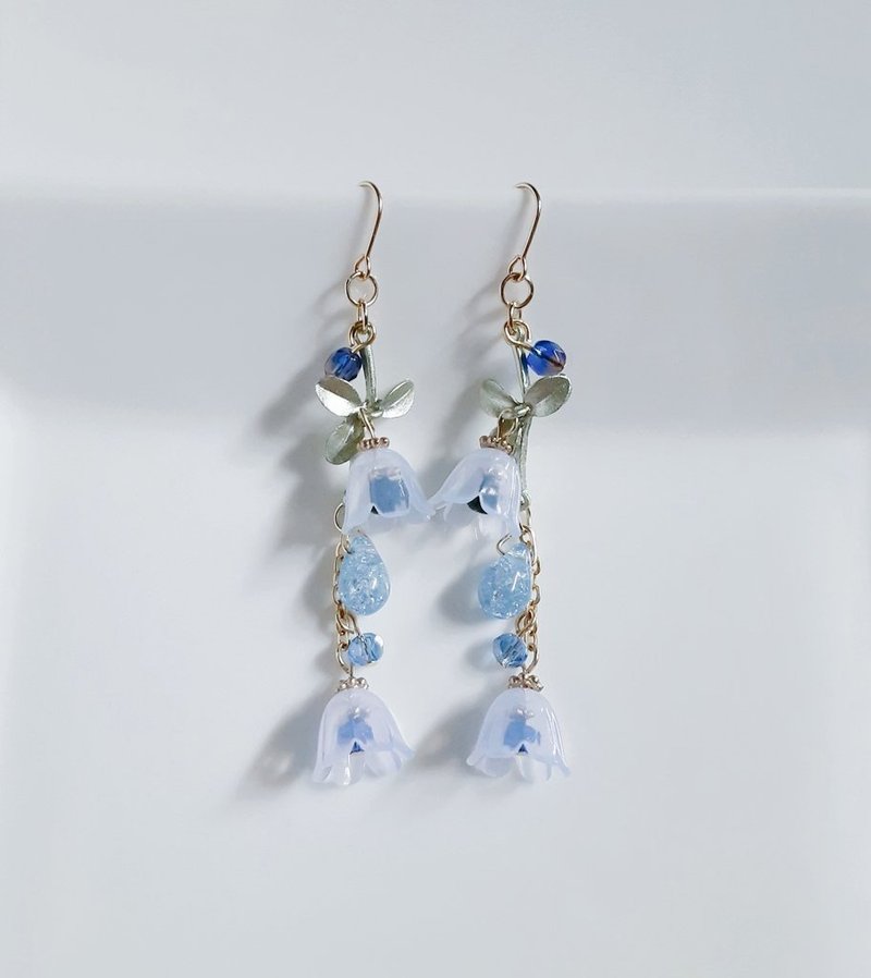 Stylish long earrings with dangling lily of the valley beads and teardrop beads. Dangling design. Lily of the valley. Birthday gift. Blue earrings. Can be changed to hypoallergenic earrings or Clip-On. - Earrings & Clip-ons - Glass Blue