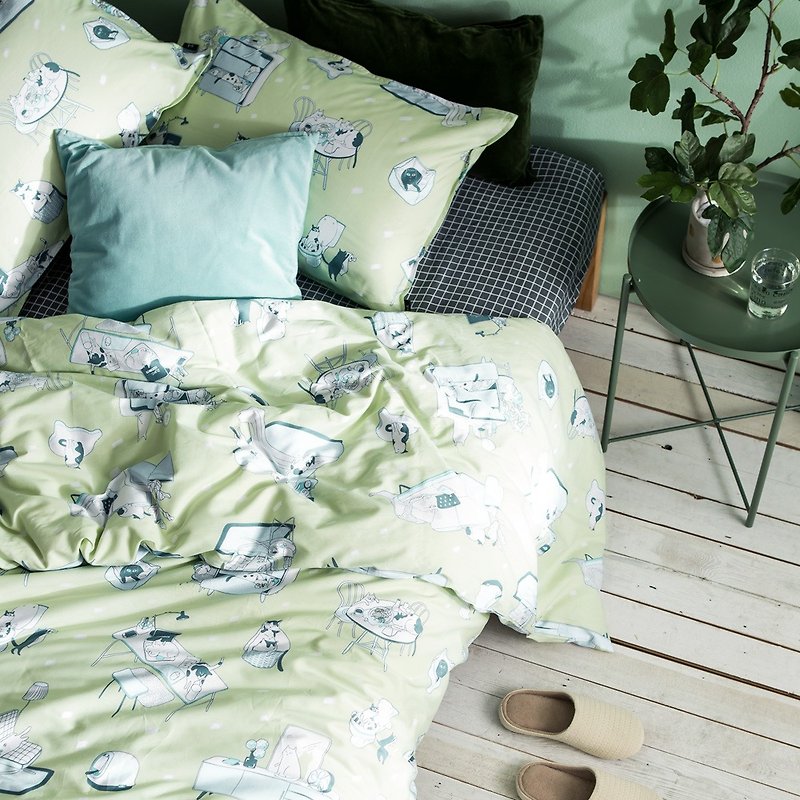 寓宅喵  單人雙人床單/床包 手繪貓咪40支純棉床品 枕套被套另購 - 床包/寢具 - 棉．麻 綠色