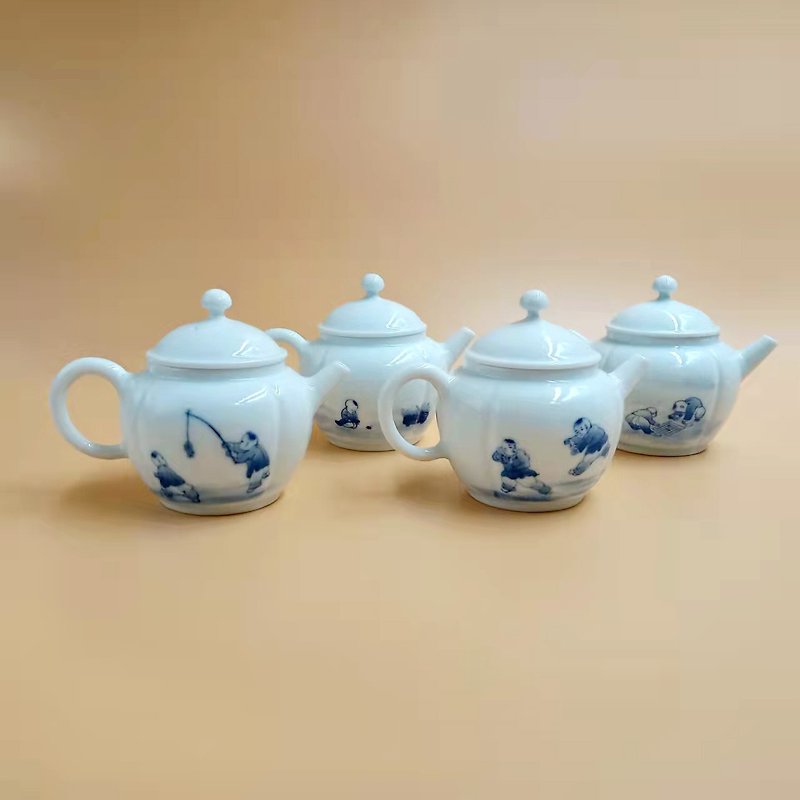 Picking up gold blue and white four seasons harvest pot - Teapots & Teacups - Porcelain White