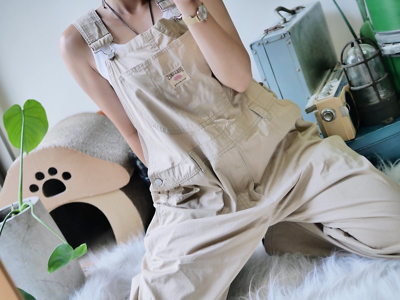 Light khaki patchwork child fun pig chick love day antique cotton sling trousers vintage overalls - Overalls & Jumpsuits - Polyester Khaki