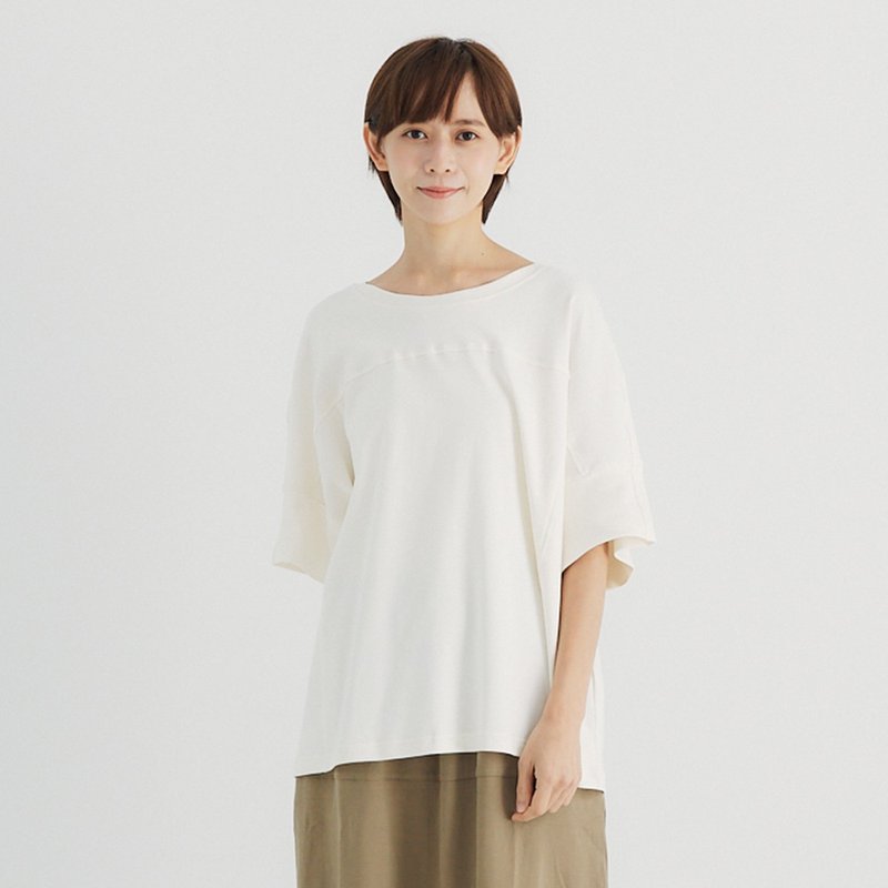 [Simply Yours] Off-shoulder top with stitching details, white F - Women's Tops - Cotton & Hemp White