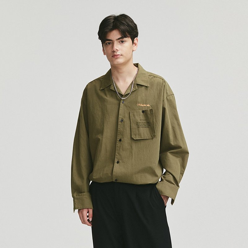 MOKACME 20FW  復古工裝可拆卸口袋襯衫情侶裝 - 男襯衫/休閒襯衫 - 棉．麻 綠色