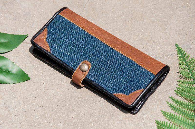 Handmade cotton and linen wallet / woven stitching leather long clip / long wallet / purse / woven wallet - blue dyed - Wallets - Genuine Leather Blue